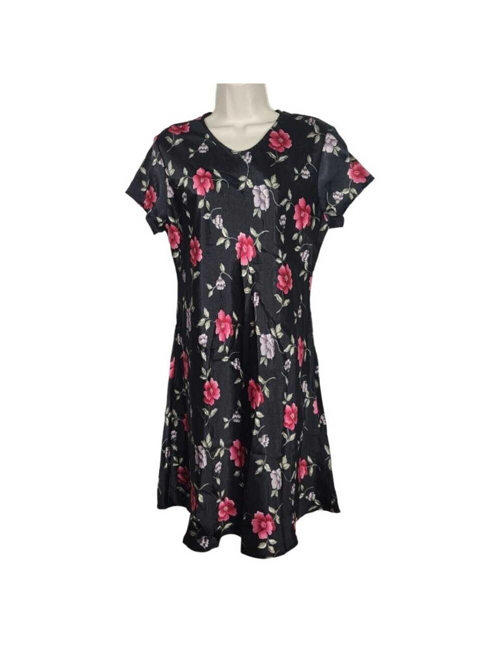 Vintage 90s Jodi Michaels Black Pink Floral Aline Dress Women Size 11 12 Satiny